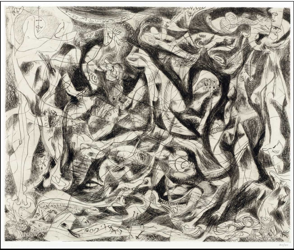 Jackson Pollock, Untitled, ca. 1944-45 (posthumously printed, 1967). Engraving and drypoint, 14 11/16 x 17 7/8 in. (plate). On long-term loan from the Pollock-Krasner Foundation