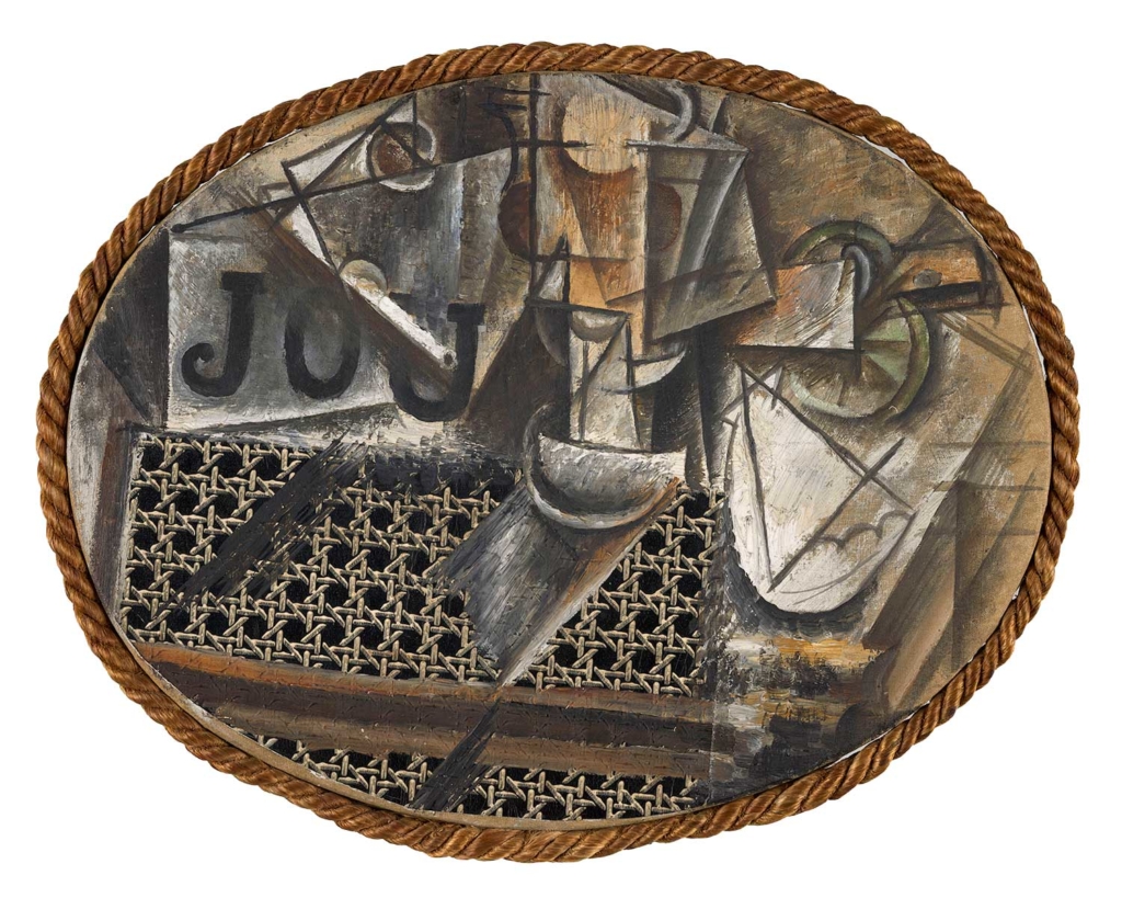 Pablo Picasso, Still Life with Chair Caning, 1911-12. Oil and oilcloth on oval canvas, framed with rope, 10 ½ x 13 ¾ in. Musée Picasso, Paris.
