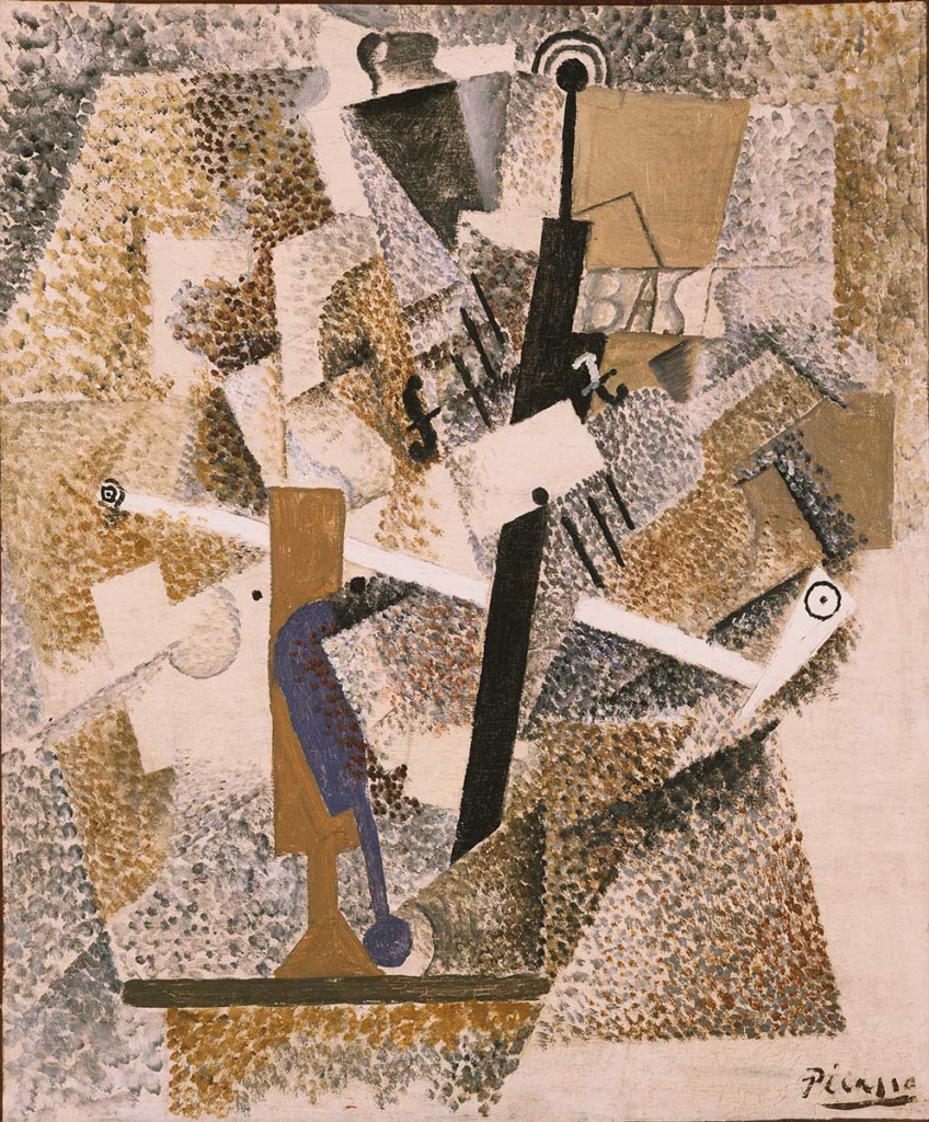 Pablo Picasso, Still Life with a Pipe, A Violin, and a Bottle of Bass, 1914. Oil on canvas, 21 13/16 x 18 1/8 in. Philadelphia Museum of Art. A.E. Gallatin Collection.