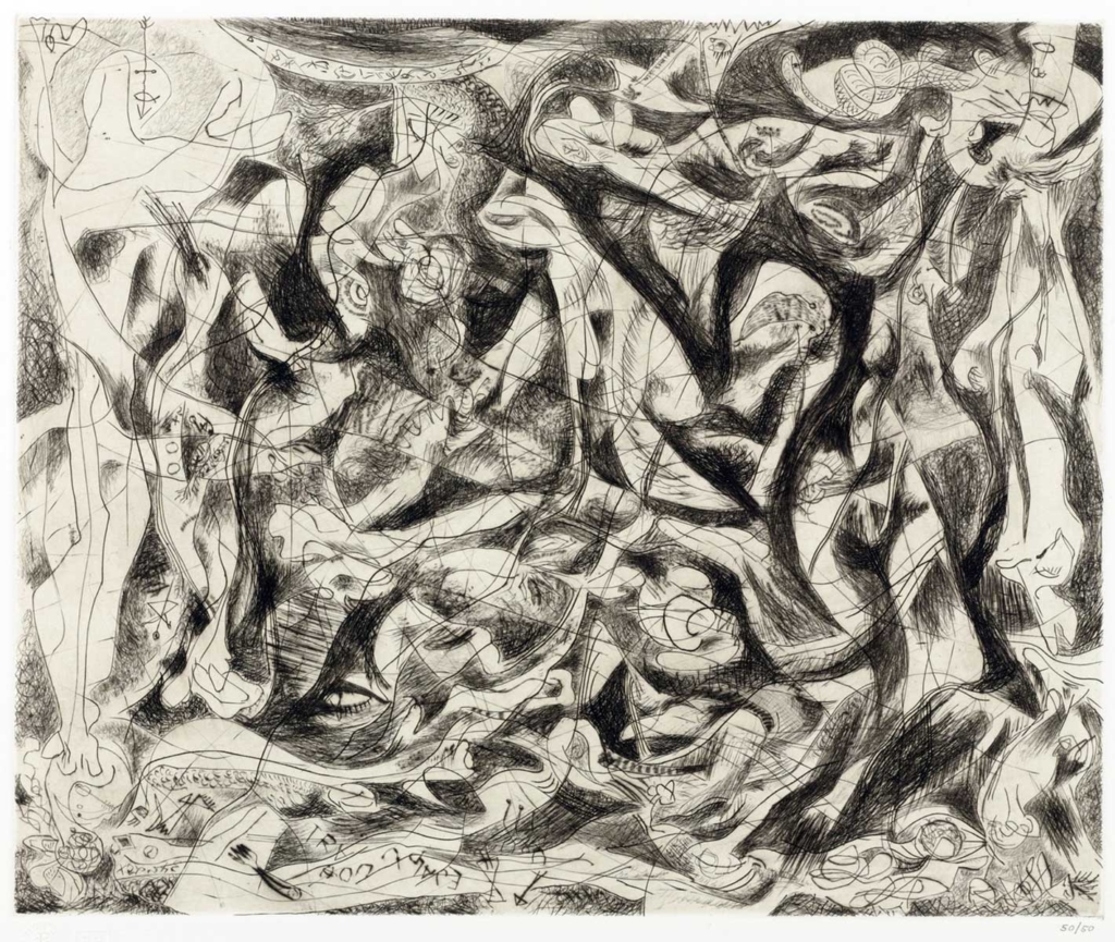 Jackson Pollock, Untitled, ca. 1944-45 (posthumously printed 1967). Engraving and drypoint, 14 11/16 x 17 7/8 in. (plate). On extended loan from The Pollock-Krasner Foundation. Original work included in exhibition.